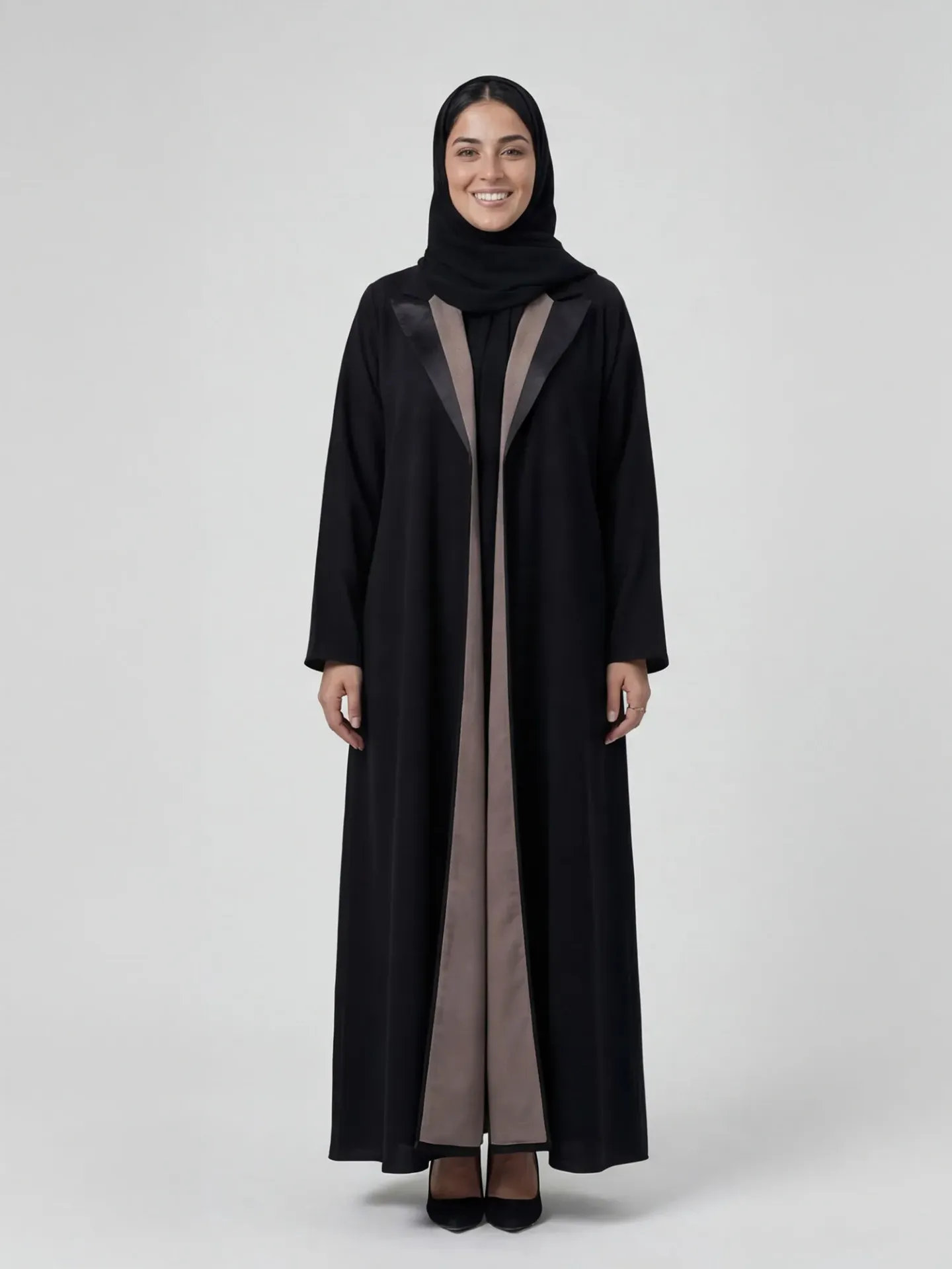 SHM-375 | عباية بليزر أسود مع شيفون رمادي ودانتيل (50)